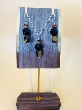 Silver plated Black Crystal and tigers eye Beaded Jewelry Set